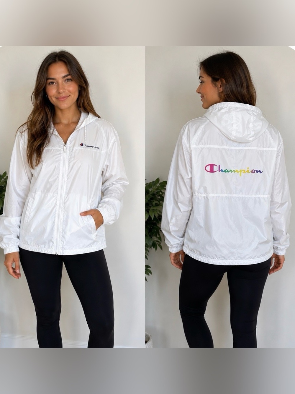 Champion Women’s Small White Full-Zip Mesh-Lined Windbreaker Jacket Rainbow Logo